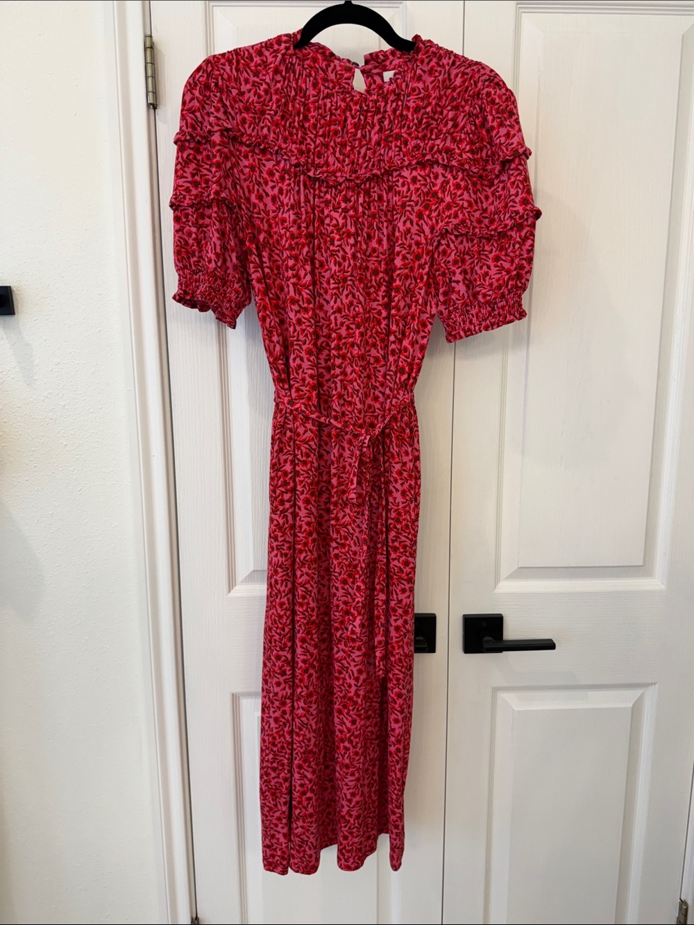 Boden Pink Red Floral Ruffle Tie Waist Midi Dress US 6R UK 10R